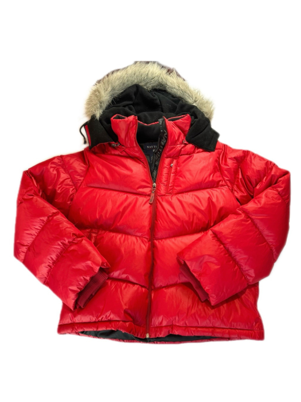New Nautica Quilted Down Puffer Jacket Coat Size:L Red Faux Fur Hooded Women
